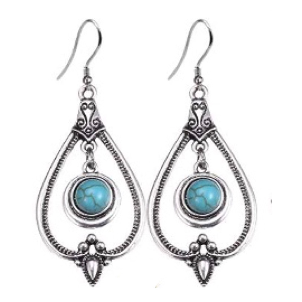 :: Elegant  Turquoise + Silver Drop Earrings - Picture 3 of 5